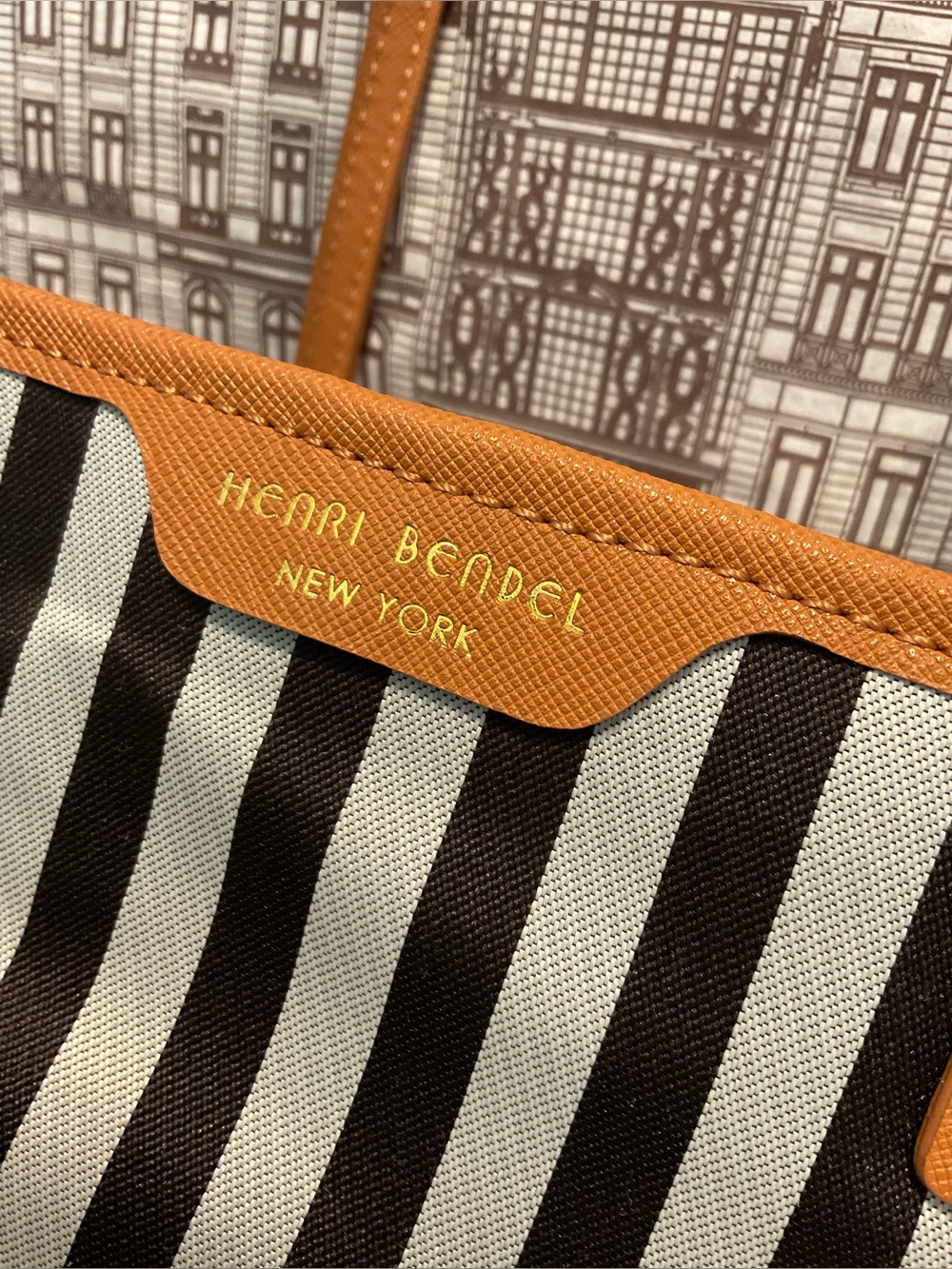 Henri Bendel Mink and Silver Premium Stripe Tote with  Chestnut Saffiano Trim - Picture 3 of 16